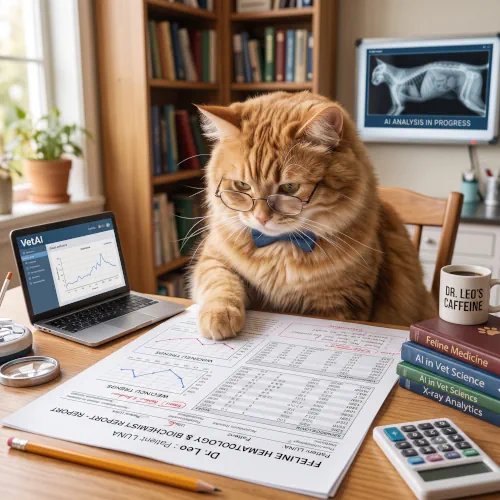 A cat wearing glasses reviews a feline blood chemistry report at a desk, with a cat X-ray on the screen behind