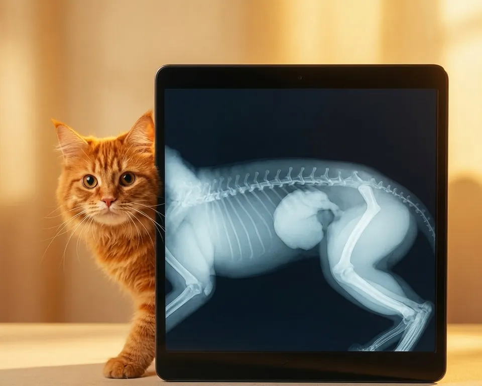 Eine rote Katze schaut hinter einem Tablet hervor, auf dem das Röntgenbild einer Katze mit Wirbelsäule, Hüfte und Hinterbeinen zu sehen ist