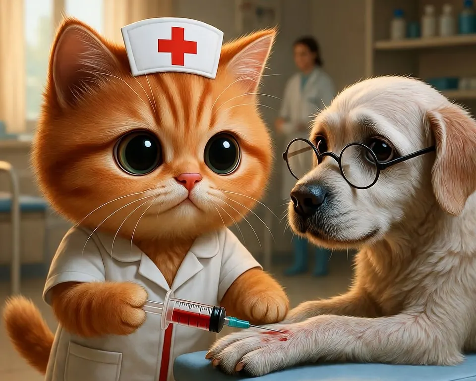 Illustration: Ein rotes Kätzchen im Schwesternkittel nimmt einem ruhigen cremefarbenen Welpen mit runder Brille behutsam Blut aus der Pfote, in einer hellen Tierarztpraxis